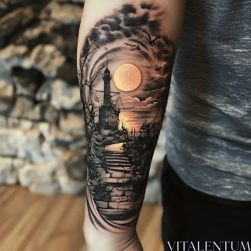 Intricate Lighthouse Tattoo on Arm AI Image