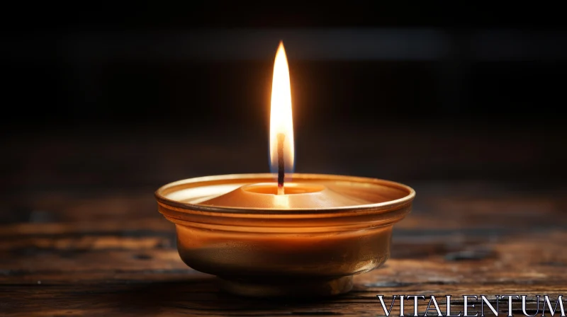 Golden Candle on Dark Wooden Table - A Study in Light and Shadows AI Image