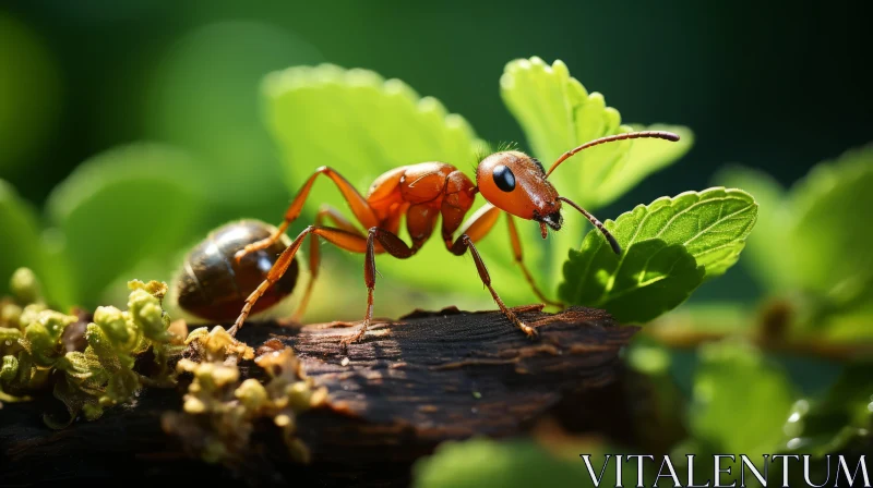 Orange Ant on Leafy Branch: A Study in Realistic Still Life AI Image