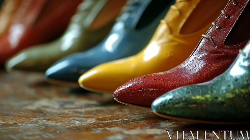 Vibrant Row of Colorful Leather Stiletto Heels on Wooden Surface AI Image