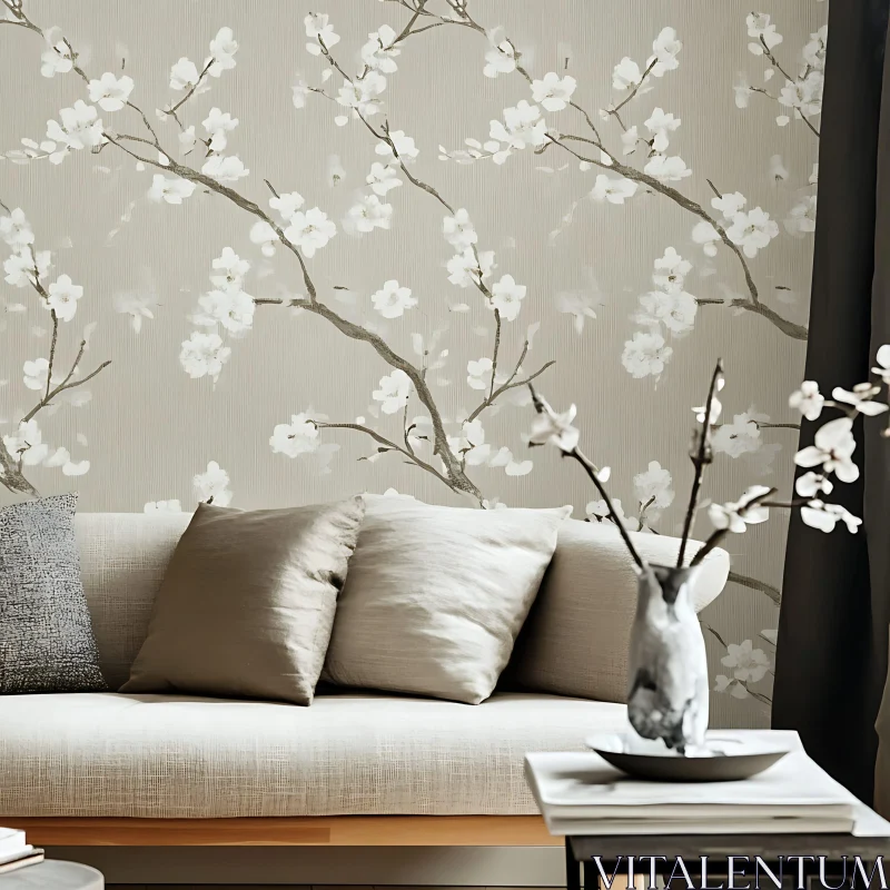 Neutral Interior with Floral Accent Wall AI Image