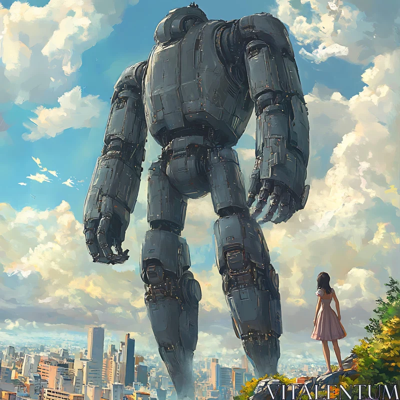 Woman and Robot Above the City AI Image