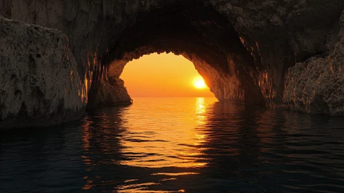 Sunset View Through Rock Cave Opening to the Sea