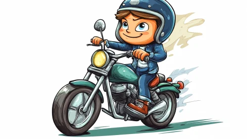 Boy Rides Motorcycle Cartoon Style