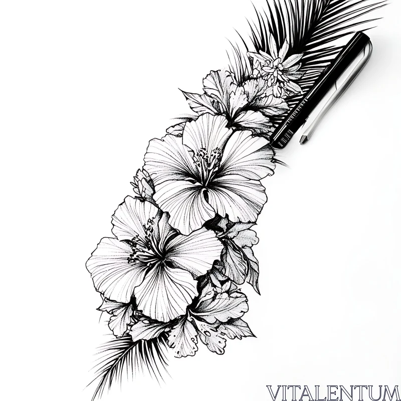 Intricate Flower Art in Black Ink AI Image