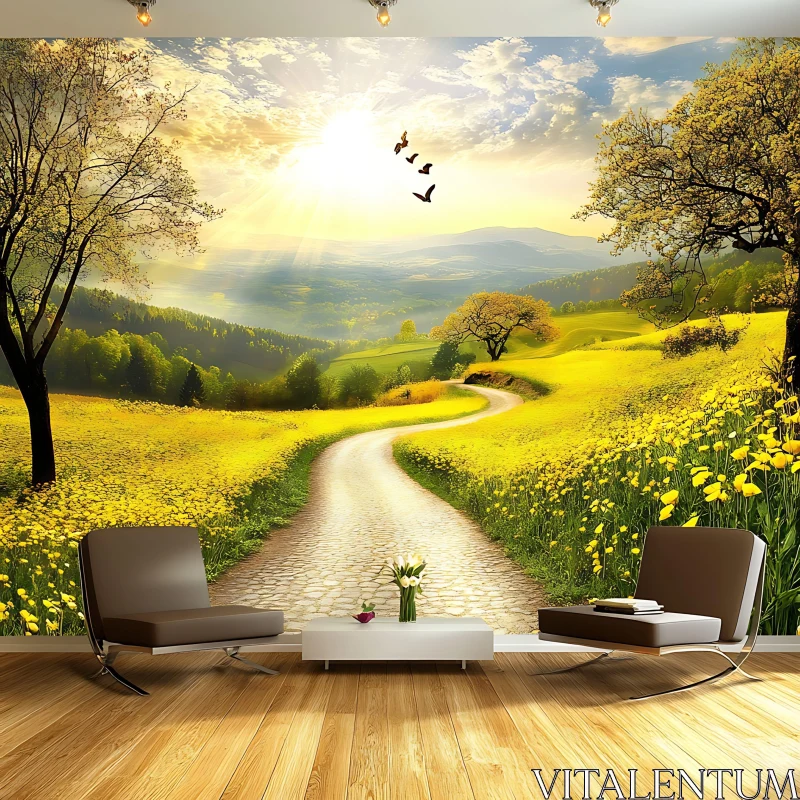 AI ART Golden Meadow Path with Distant Mountains