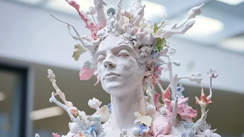 White Surreal Face Sculpture with Pastel Accents