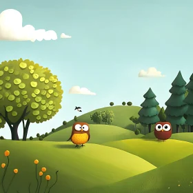 Whimsical Owl Illustration on Green Hills