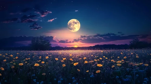 Floral Meadow Under Moonlight