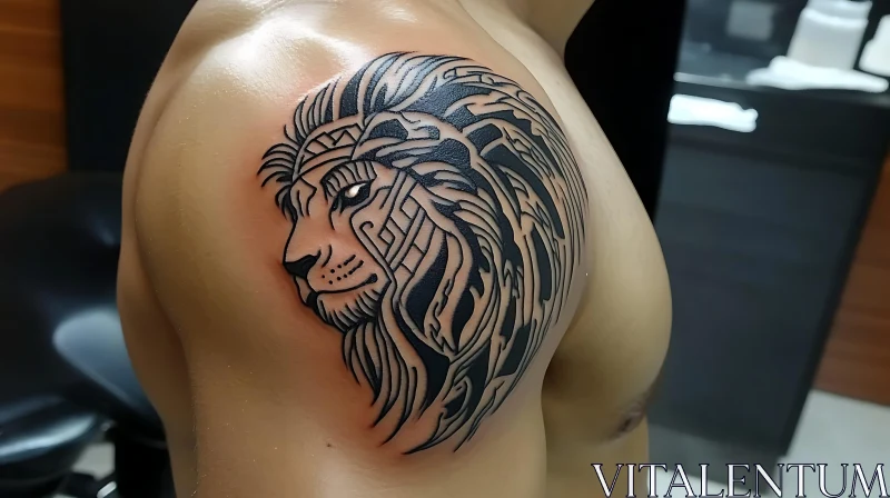 Intricate Tribal Lion Tattoo Design on Shoulder AI Image