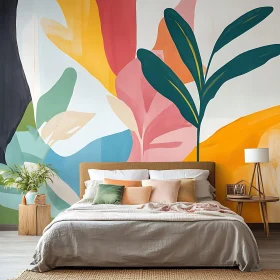 Vibrant Bedroom Decor with Leaf Wall Art