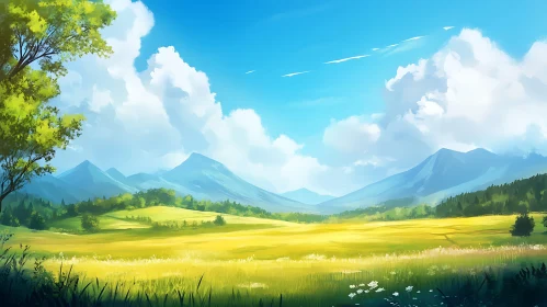 Golden Field with Mountain Backdrop
