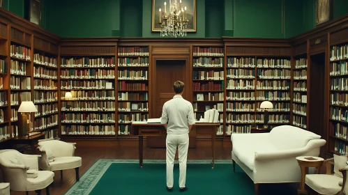 Man in Library Surrounded by Books