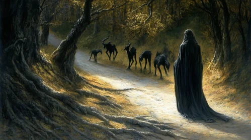 Mysterious Forest Path with Dark Figure