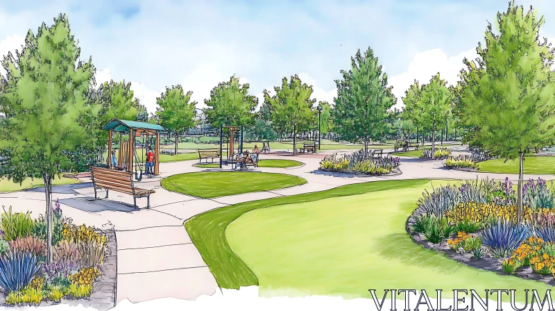 Park Illustration with Benches and Trees AI Image