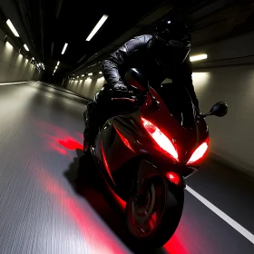 Red Motorcycle in Dark Tunnel