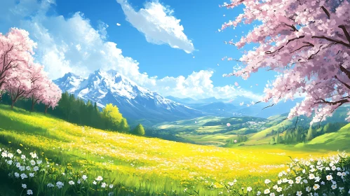 Serene Landscape with Cherry Blossoms