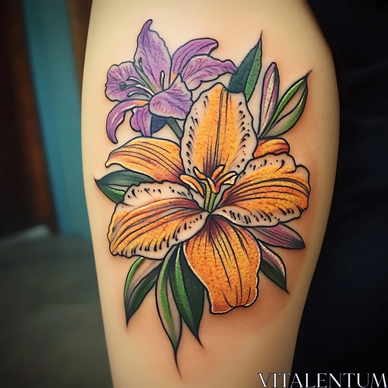 Floral Tattoo with Orange Lily and Purple Bloom AI Image