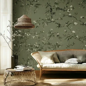 Floral Wallpaper and Woven Furniture Interior Design