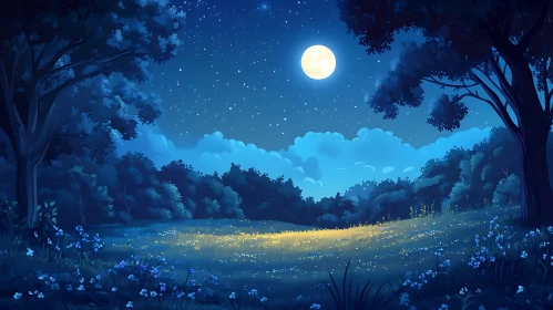 Serene Night Landscape with Moon and Stars