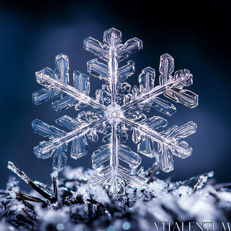 AI ART Intricate Snowflake Macro Shot Against Blue Background