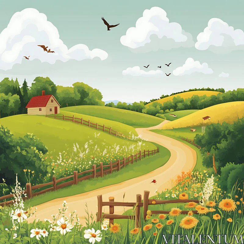 AI ART Idyllic Rural Scene with House and Flowers