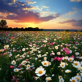 Wildflower Meadow Under Evening Sky