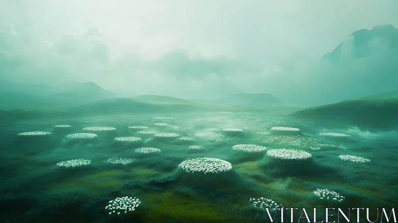 Misty Flower Field Landscape AI Image