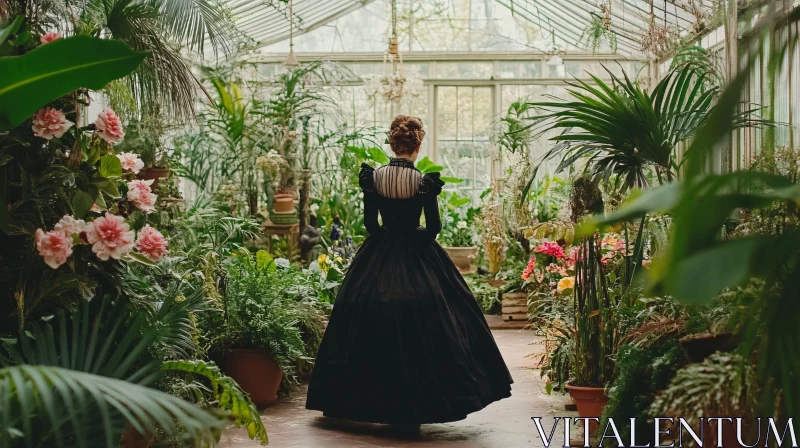 Greenhouse Serenity Woman in Dress AI Image