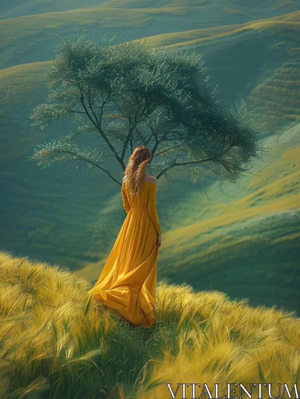 Golden Field Vista with Woman in Yellow AI Image