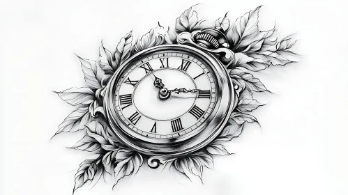 Artistic Clock with Leaves Tattoo