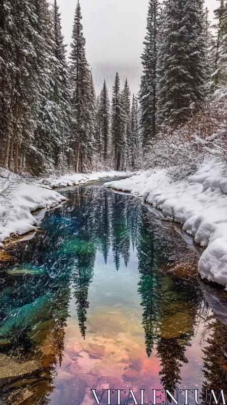 AI ART Serene Winter River with Snow-Covered Trees and Stunning Reflection