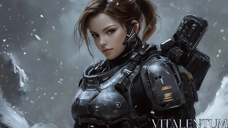 Tech-Armored Woman in Winter Setting AI Image