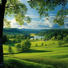 Tranquil Green Field and Lake Scenery