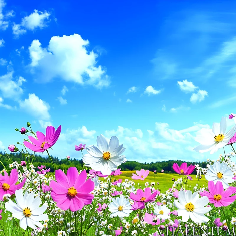 AI ART Pink and White Cosmos Flower Meadow