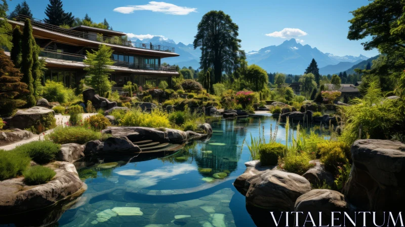 A Captivating Nature Scene: Arboretum, Waterfall, and Mountains AI Image