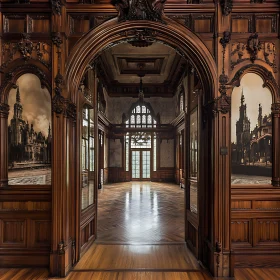 Ornate Wood Hall with Cathedral View