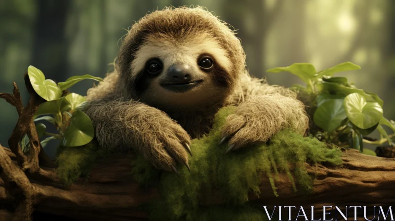 Adorable Sloth on Moss-Covered Branch in Forest AI Image
