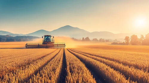 Combine Harvester in Wheat Field