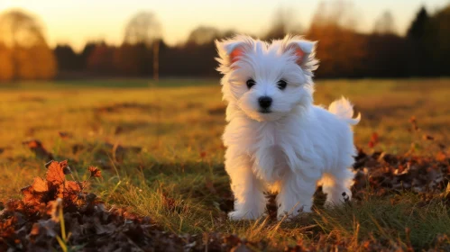 Babycore Styled White Dog in Field at Sunset