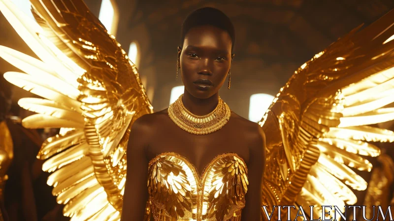 Captivating Image of a Dark-Skinned Woman with Gold Wings AI Image