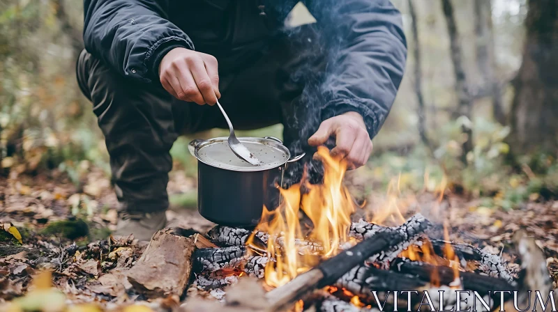 Cooking over Campfire in the Woods AI Image