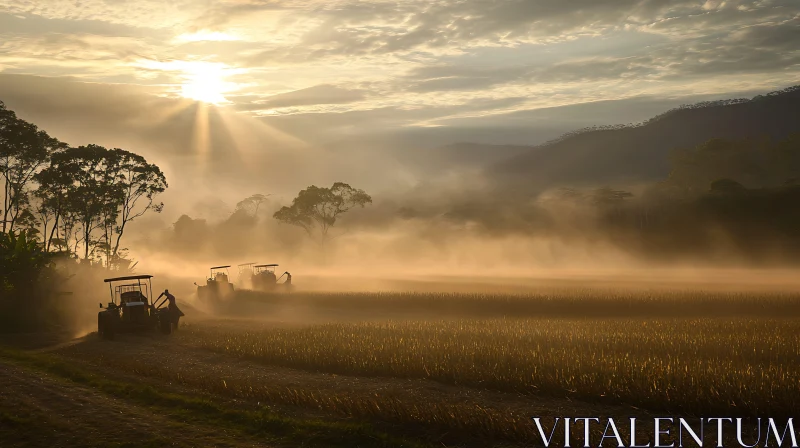 Tractors Harvesting at Dawn in Misty Field AI Image