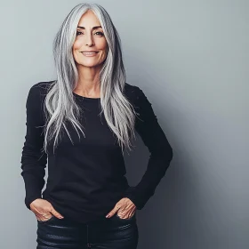 Smiling Silver-Haired Woman in Black Shirt