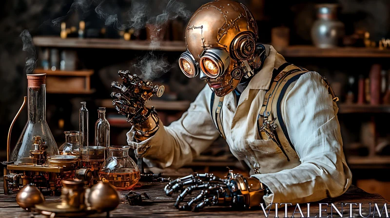 Cyborg Scientist with Gears and Goggles in Laboratory AI Image