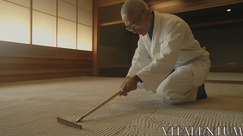 Man Creating Patterns in Sand Garden AI Image