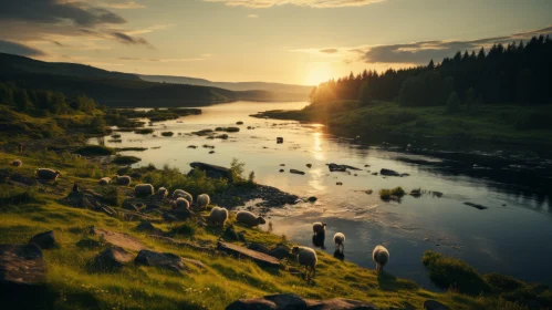 Luminist Style Norwegian Landscape - Sheep Resting by River