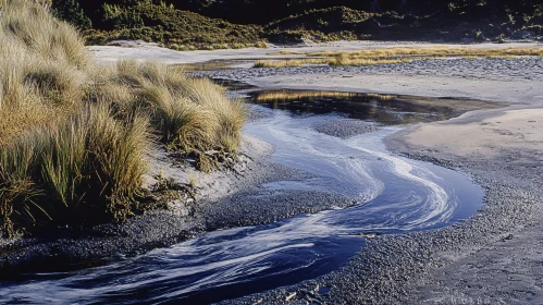 Tranquil River Flowing through Grassy Terrain