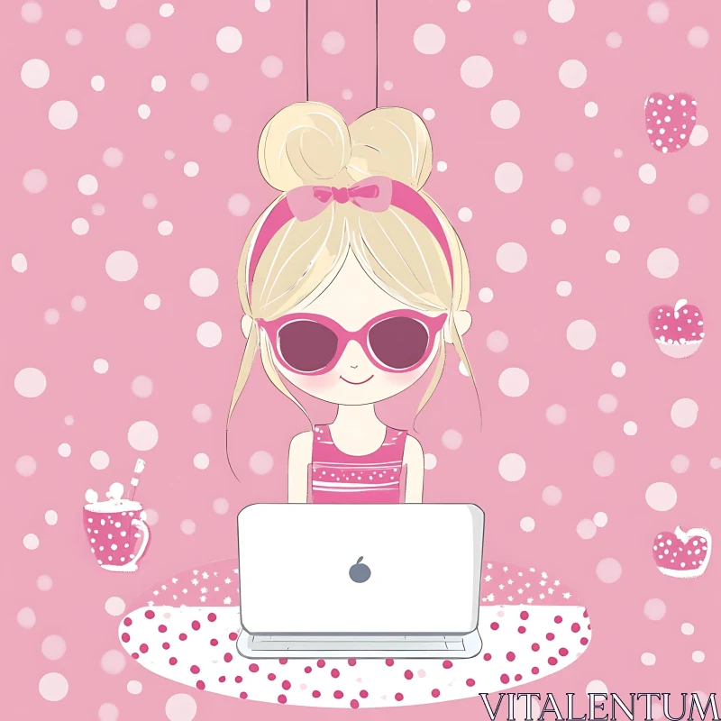 Pink Polka Dot Girl Working on Laptop AI Image