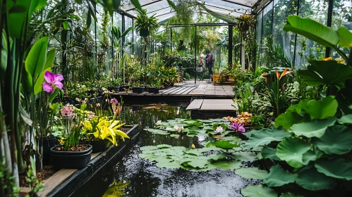 Botanical Greenhouse with Pond and Lilies